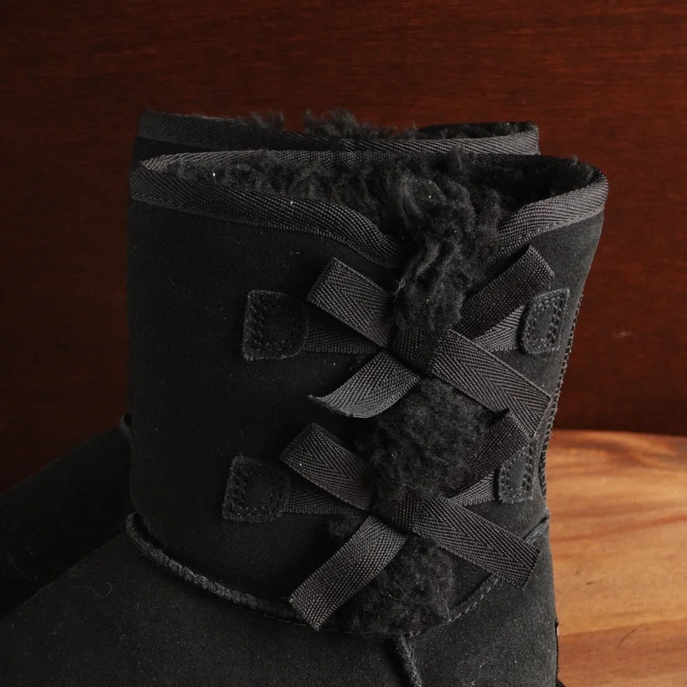 UGG Koolaburra Boots Youth SZ 2 BLK Victoria Short Bow Suede Winter Cozy Pull On